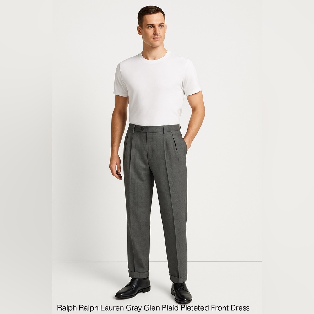 Ralph Lauren Gray Glen Plaid Pleated Dress Pants Cuffed Hem 36x30